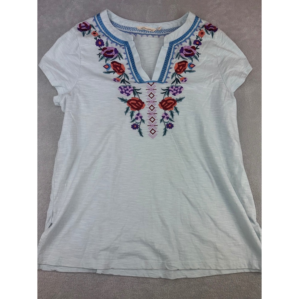 Soft Surroundings Light Blue Floral Embroidered Cotton Split Neck Top PL 3EH99‎